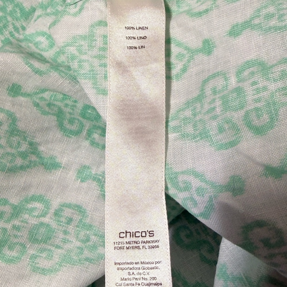Chico's effortless 100% linen batik sina button up Mint Green Printed Shirt sz 1 - Picture 8 of 8